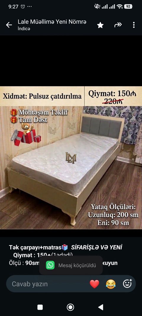 *Tək çarpayı+matras _*Sifarişlə VƏ Yeni*_ *Qiymət — Bakı