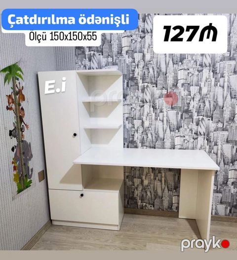 Uşaq/iş masası dəsti – ağ rəngdə çoxfunksiyalı dizayn. Ölçü — Bakı