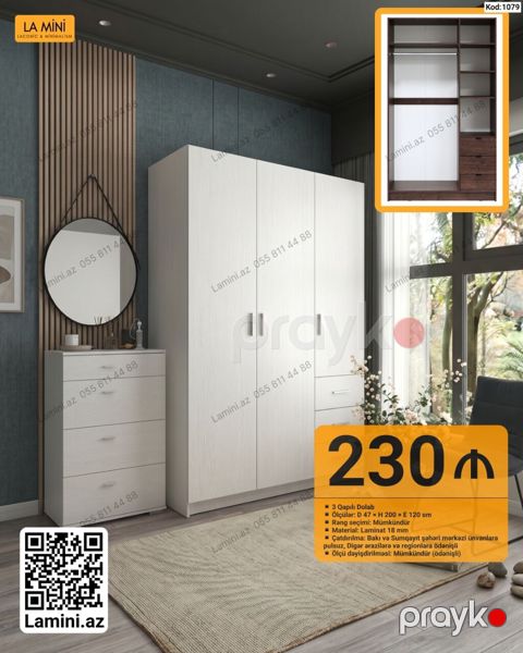 3 qapılı dolab – La Mini Xüsusiyyətlər: - Ölçülər: Eni 120 sm