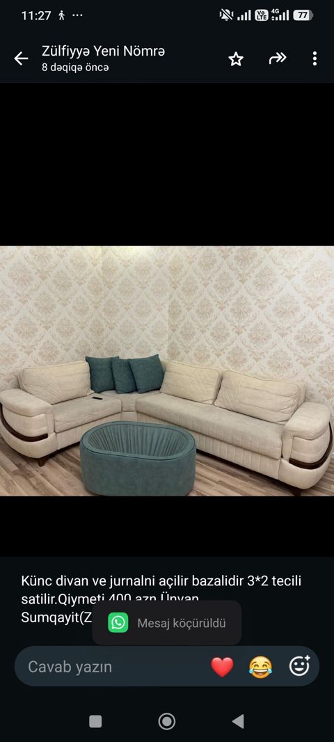 Künc divan ve jurnalni açilir bazalidir 3*2 satilir.Qiymeti 400 — Bakı