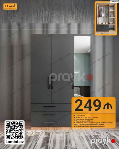 3 qapılı paltar dolabı – La Mini - Ölçülər: Dərinlik 47 sm