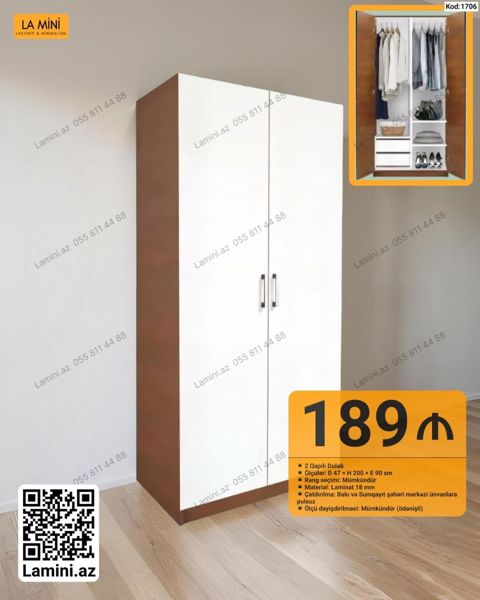 İki qapılı dolab - Model kodu: 1706 - Ölçü: D 47 H 200 E 90 sm — Bakı
