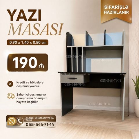 Yazı masası – sifarişlə hazırlanır. Ölçülər: 0,90 x 1,40 x 0,50 m — Bakı