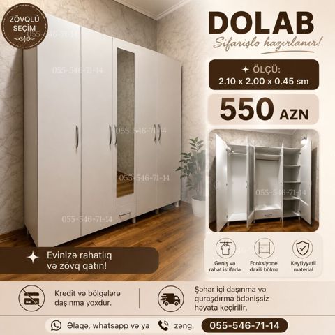 Düz dolab, Qarderob, Açılan, Korpuslu, 5 qapı — Bakı