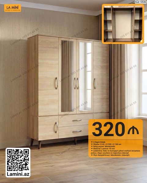 4 qapılı dolab – Kod: 10546 - Ölçülər: D 45 H 200 E 160 sm - Rəng — Bakı