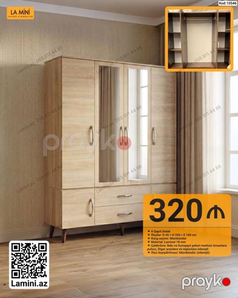 4 qapılı dolab – Kod: 10546 - Ölçülər: D 45 H 200 E 160 sm - Rəng