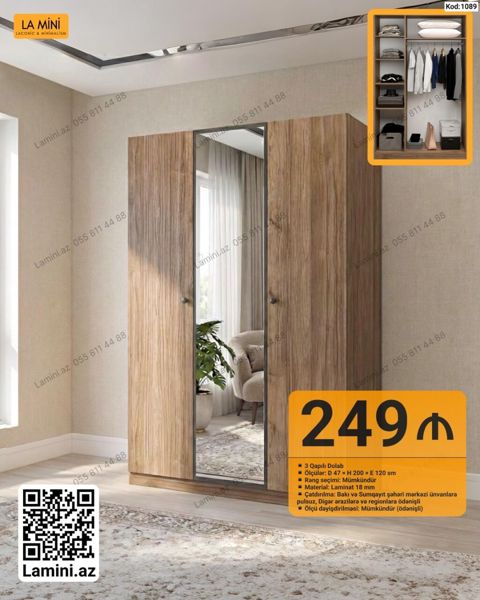 LA Mını 3 qapılı dolab - Kod: 1089 - Ölçülər: Dərinlik 47 sm — Bakı