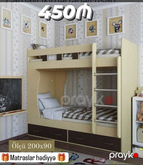İki mərtəbəli uşaq çarpayısı - Ölçü: 200 x 90 - Matraslar hədiyyə — Bakı