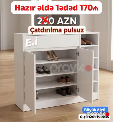 Ağ rəngdə böyük ölçülü ayaqqabı dolabı - Ölçü: 120 x 100 x 35 sm — Bakı