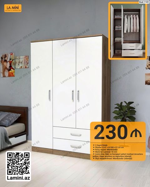 3 qapılı paltar dolabı – La Mini (Kod: 1101) - Ölçülər: E 120 H 200 — Bakı