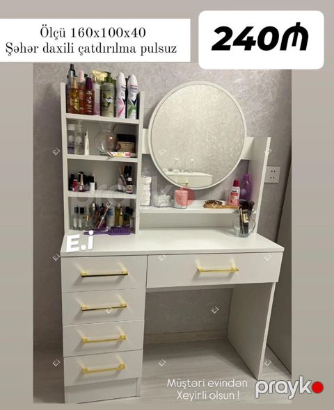 Ağ rəngdə kosmetik stol və güzgü dəsti - Ölçü: 160 x 100 x 40 sm — Mehdiabad