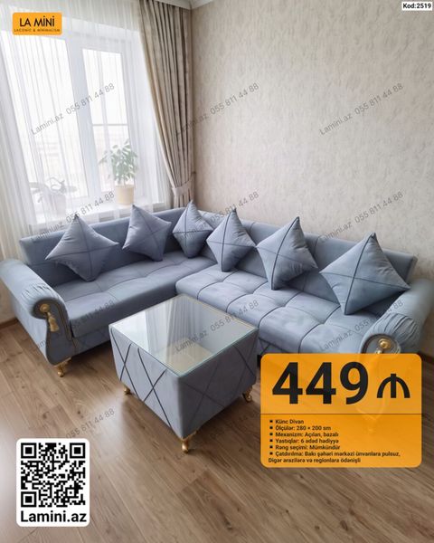 Künc divan dəsti – 280 x 200 sm ölçüdə, zərif və müasir dizayna malik — Bakı