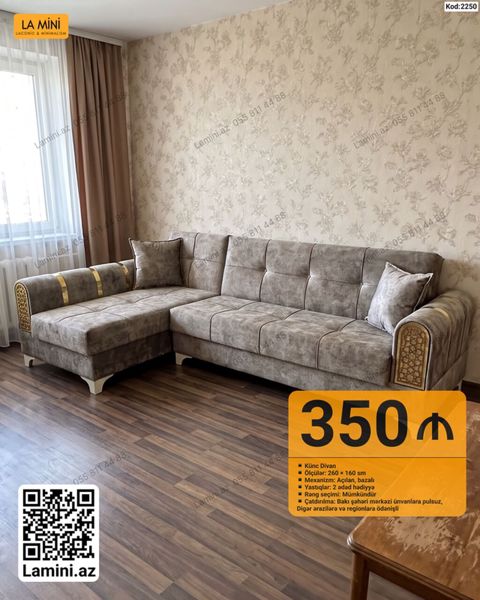 Künc divan – Kod: 2250 - Ölçülər: 260 160 sm - Mexanizm: açılan — Bakı