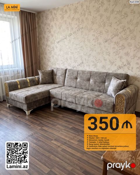 Künc divan – Kod: 2250 - Ölçülər: 260 160 sm - Mexanizm: açılan
