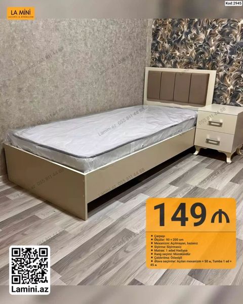 Tək nəfərlik çarpayı – Kod: 2945 - Ölçü: 90 200 sm - Mexanizm — Bakı