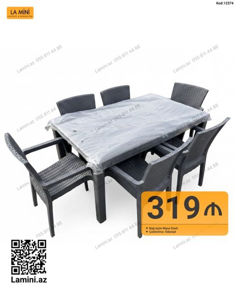 Bağ üçün Masa Dəsti - 1 ədəd düzbucaqlı masa + 6 ədəd kreslo - Rattan — Bakı