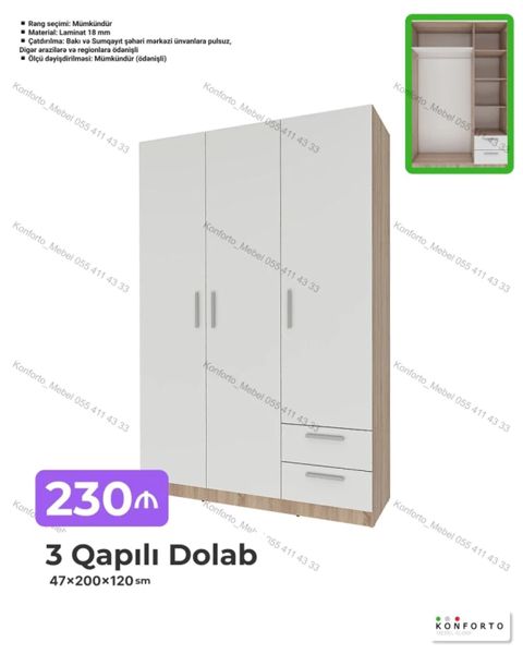 3 qapılı dolab – 47×200×120 sm - Rəng seçimi: mümkündür - Material — Bakı