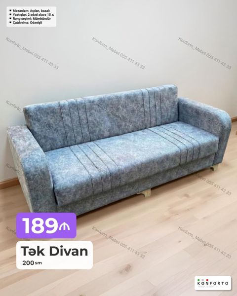 Tək divan – 200 sm Qiymət: 189 Xüsusiyyətlər: - Mexanizm: açılan — Bakı