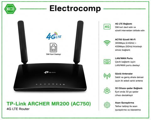 Router TP-Link Archer MR200 (AC750) – 4G LTE — Bakı