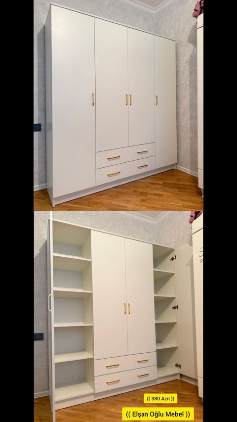 Yeni, 4 qapılı, Siyirməli, Ağ, Açılan, Düz dolab — Bakı