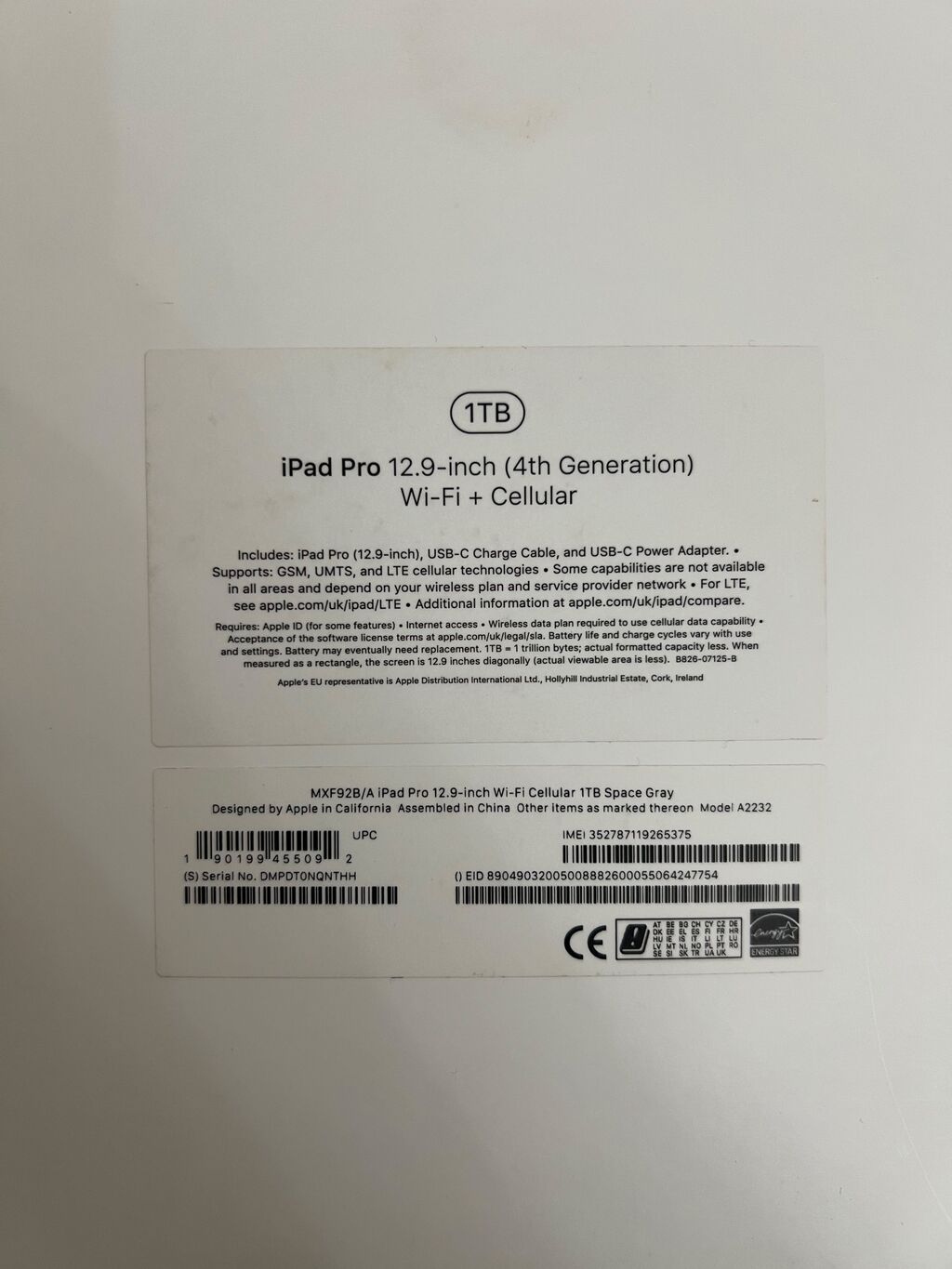 Apple iPad Pro 12.9" (4‑cü nəsil) Wi‑Fi + Cellular – 1TB, Qutusu — Apple, Bakı