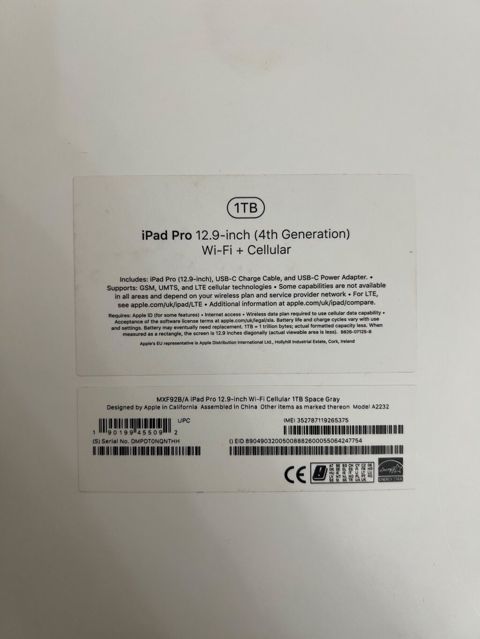 Apple iPad Pro 12.9" (4‑cü nəsil) Wi‑Fi + Cellular – 1TB, Qutusu — Bakı