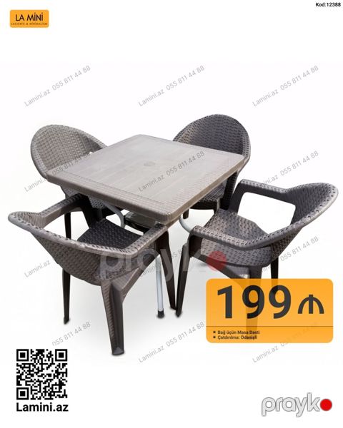 Bağ üçün masa dəsti - Tərkib: 1 ədəd kvadrat masa + 4 ədəd kreslo — Bakı