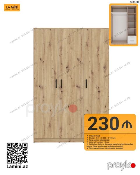 3 qapılı geyim dolabı – La Mini (Kod: 6187) - Ölçülər: Dərinlik 47 cm