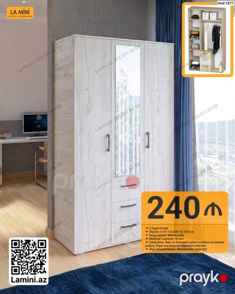 3 qapılı geyim dolabı - Ölçülər: Dərinlik 47 sm Hündürlük 200 sm