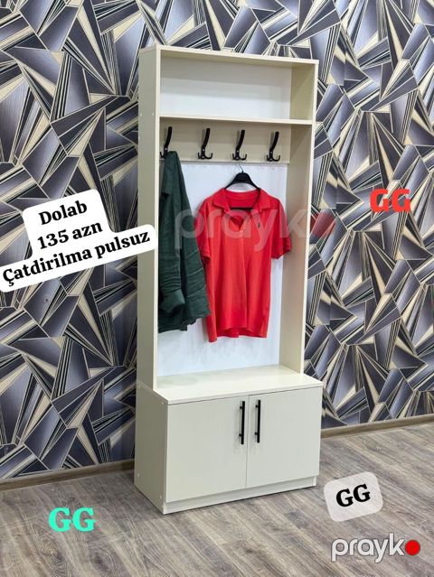 Dəhliz üçün funksional asılqanlı dolab - Rəng: açıq krem/ivory