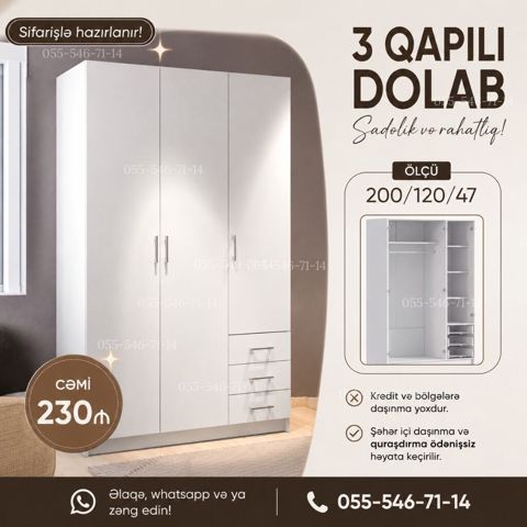 3 qapılı dolab – sadəlik və rahatlıq Ölçü: 200/120/47 sm Dizayn: - 3 — Bakı