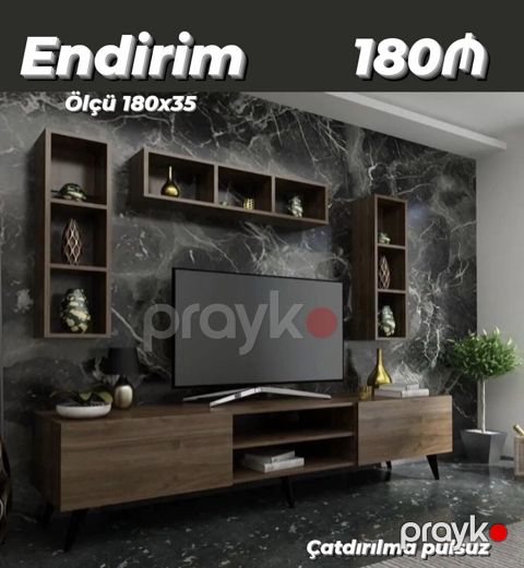 TV stendi və divar rəfləri dəsti - Ölçü: 180x35 - Klassik qəhvəyi — Bakı