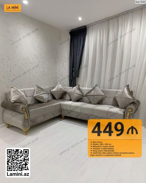 Kod: 2535 Künc divan — La Mini - Ölçü: 280 200 sm - Mexanizm — Bakı