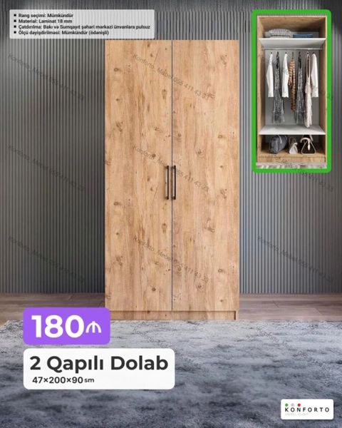 2 qapılı paltar dolabı – 47×200×90 sm - Material: 18 mm laminat — Bakı