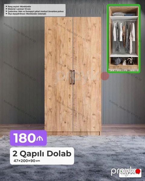 2 qapılı paltar dolabı – 47×200×90 sm - Material: 18 mm laminat