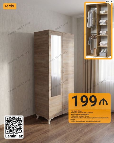 İki qapılı geyim dolabı - Model kodu: 1707 - Ölçülər: Dərinlik 47 sm — Bakı