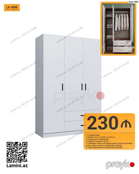 3 qapılı paltar dolabı - Ölçülər: Dərinlik 47 sm Hündürlük 200 sm