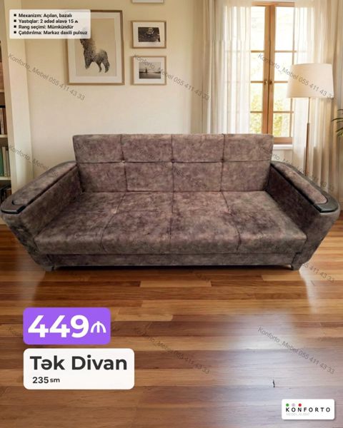 Tək divan – 235 sm Xüsusiyyətlər: - Mexanizm: açılan, bazalı (yataq — Bakı