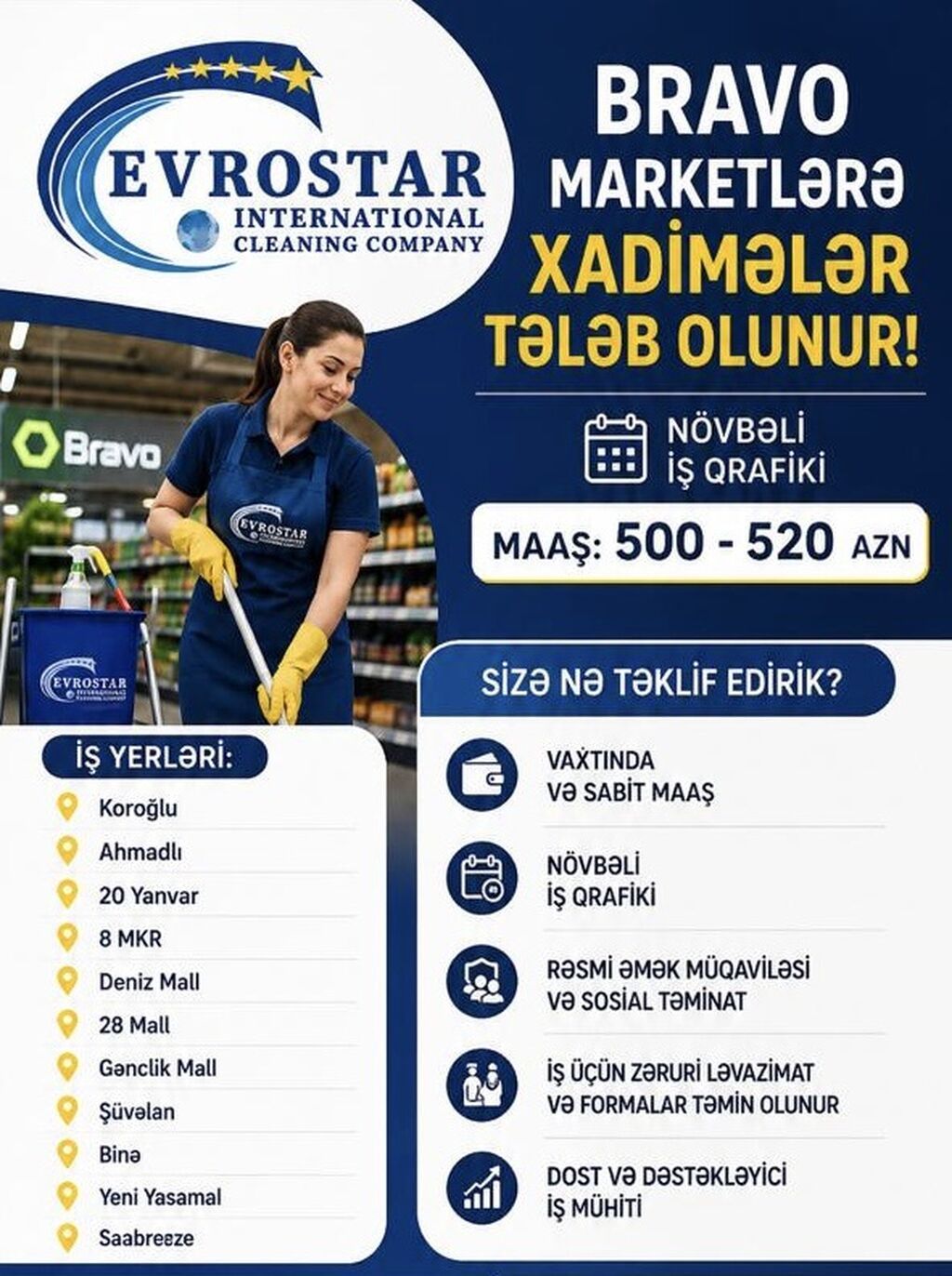 Xadimə tələb olunur, İstənilən yaş, Təcrübəsiz, Növbəli qrafik, Aylıq ödəniş — Ev personali və təmizlik, Bakı