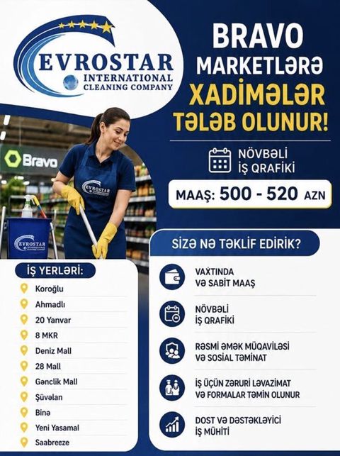 Xadimə tələb olunur, İstənilən yaş, Təcrübəsiz, Növbəli qrafik, Aylıq ödəniş