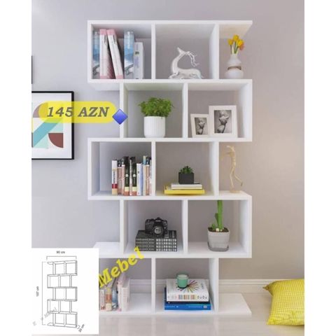 Ağ rəngli çoxsəviyyəli kitab rəfi - Material: laminat/MDFlam tipli ağ