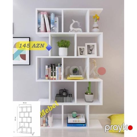 Ağ rəngli çoxsəviyyəli kitab rəfi - Material: laminat/MDFlam tipli ağ — Bakı