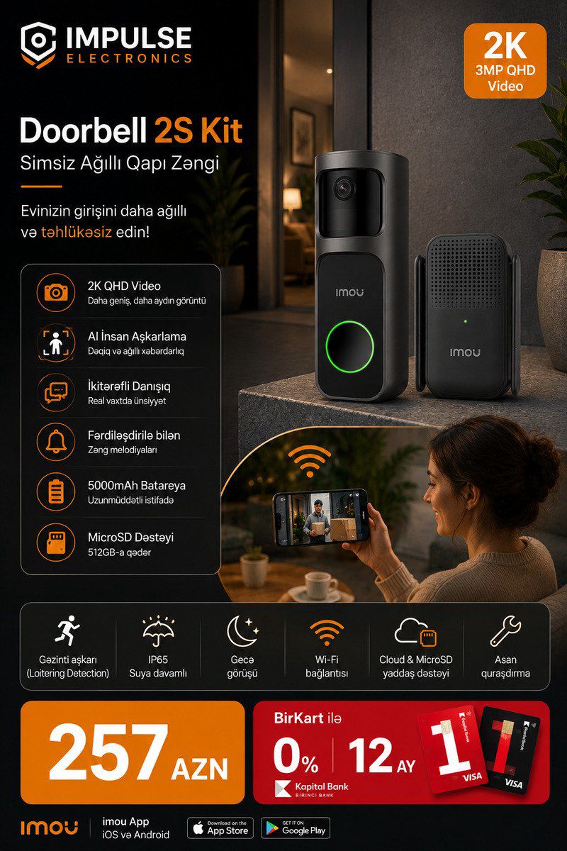 Ağıllı qapı zəngi Imou Doorbell 2S Kit 2K Kamera WiFi Video Doorbell — Ağıllı ev və təhlükəsizlik, Bakı