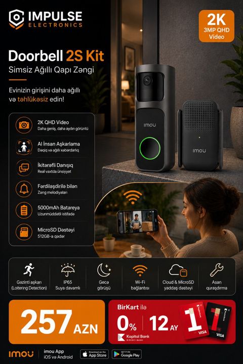 Ağıllı qapı zəngi Imou Doorbell 2S Kit 2K Kamera WiFi Video Doorbell