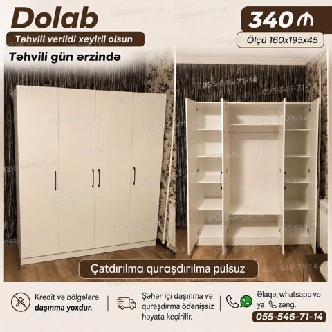 Dolab – 4 qapılı, ağ rəngdə funksional geyim şkafı. Ölçü: 160×195×45 — Bakı