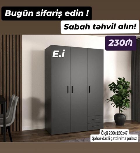 3 qapılı qarderob şkafı – qara/qartal-boz mat rəngdə, minimal dizayn — Bakı