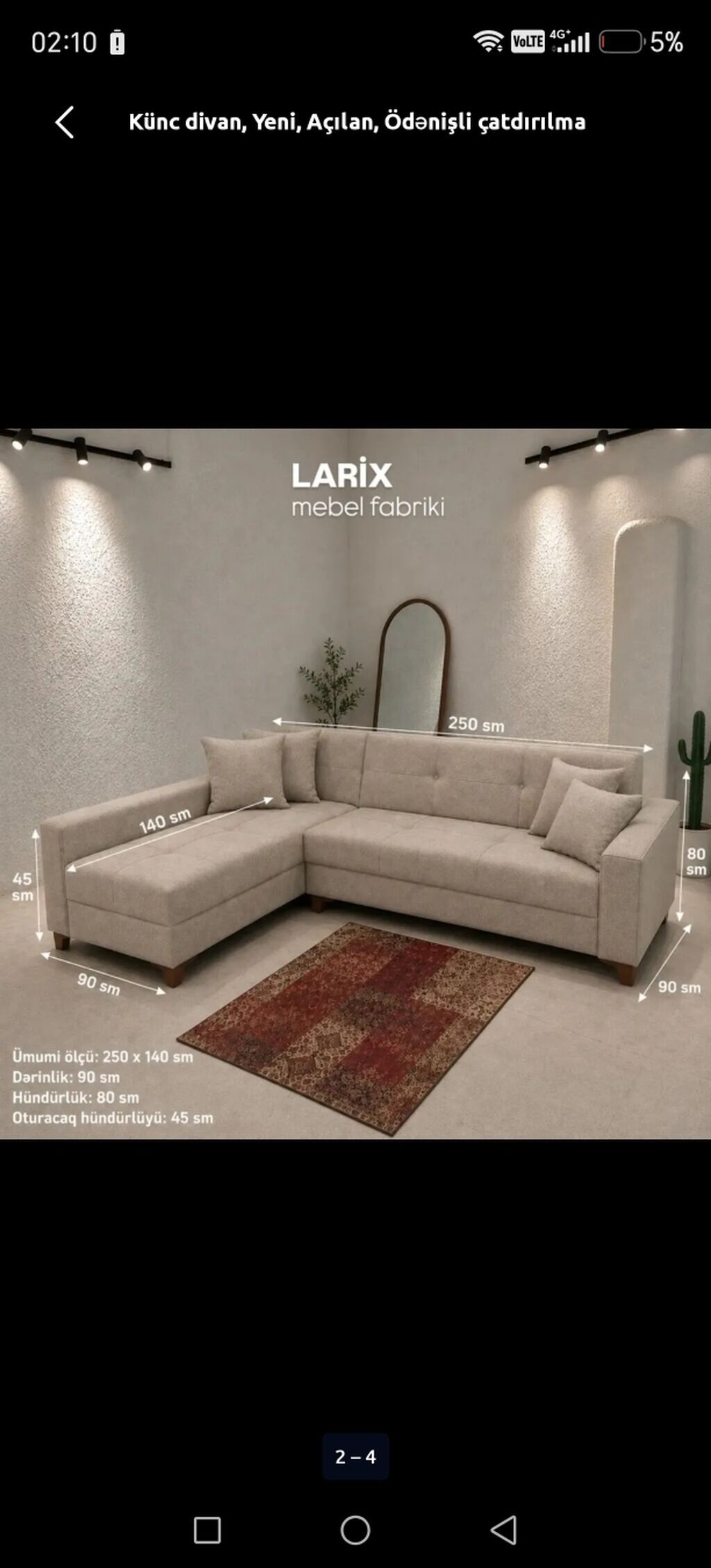 Künc divan – Larıx mebel fabriki - Ölçü: 250 150 sm (şəkildə 250 — Divanlər, Bakı (2)