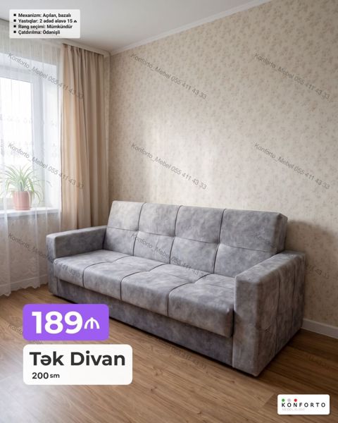 Tək divan – 200 sm - Mexanizm: Açılan, bazalı (yataq funksiyalı) — Bakı