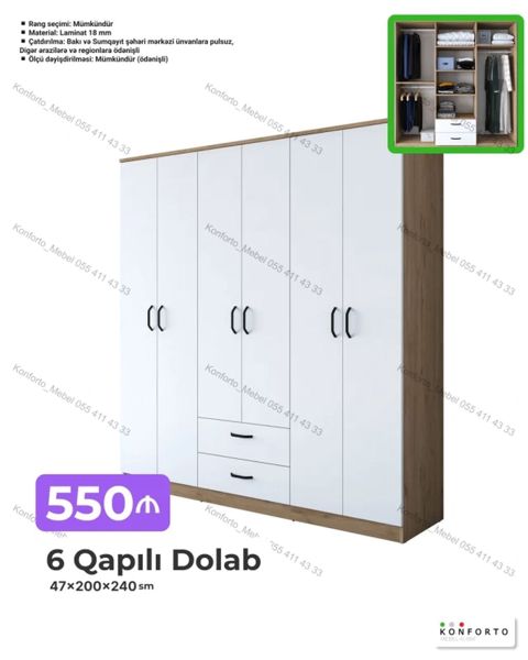6 qapılı paltar dolabı – 47×200×240 sm - Konstruksiya: 6 qapı, 2 — Bakı