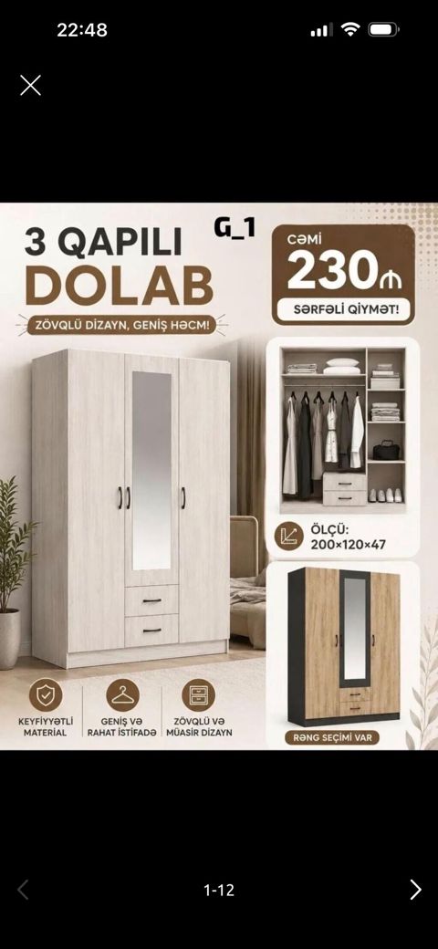 3 qapılı geyim dolabı – zövqlü dizayn, geniş həcm - Ölçü: 200 120 — Bakı